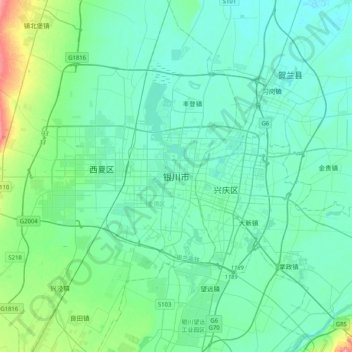 银川市 topographic map, elevation, terrain