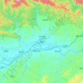 洋县 topographic map, elevation, terrain