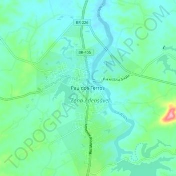Pau dos Ferros topographic map, elevation, terrain