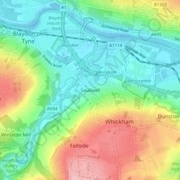 Swalwell topographic map, elevation, terrain
