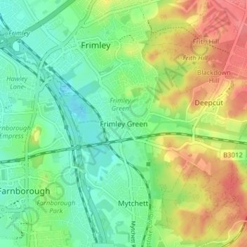 Frimley Green topographic map, elevation, terrain