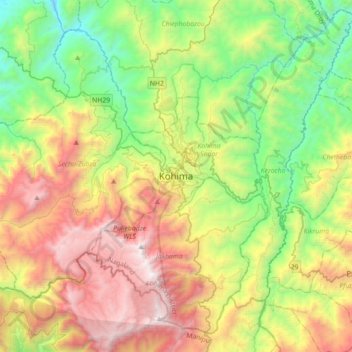 Kohima topographic map, elevation, terrain