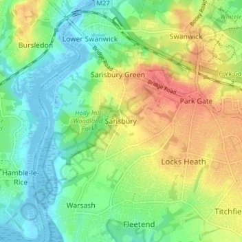 Sarisbury topographic map, elevation, terrain