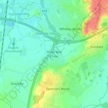 Three Mile Cross topographic map, elevation, terrain