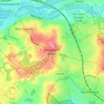Batchworth Heath topographic map, elevation, terrain