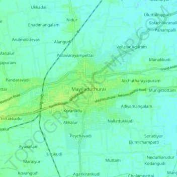 Mayiladuthurai topographic map, elevation, terrain