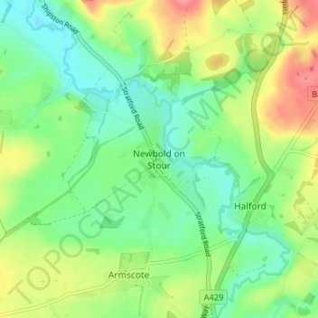 Newbold on Stour topographic map, elevation, terrain