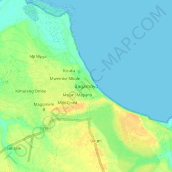 Bagamoyo topographic map, elevation, terrain