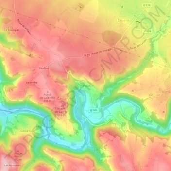 Ampiac topographic map, elevation, terrain