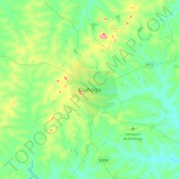 Korhogo topographic map, elevation, terrain