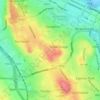 Oxton topographic map, elevation, terrain