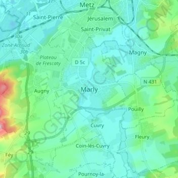 Marly topographic map, elevation, terrain
