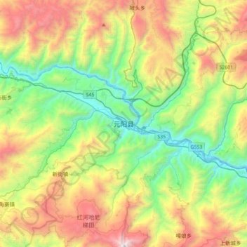 元阳县 topographic map, elevation, terrain