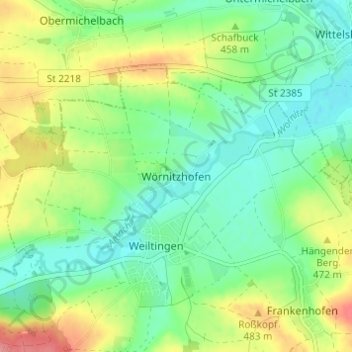 Wörnitzhofen topographic map, elevation, terrain