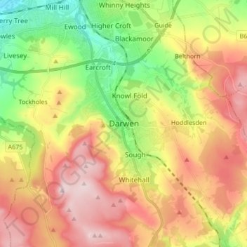 Darwen topographic map, elevation, terrain