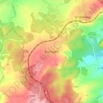 Kornbach topographic map, elevation, terrain