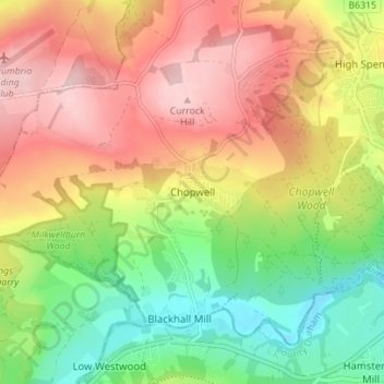 Chopwell topographic map, elevation, terrain