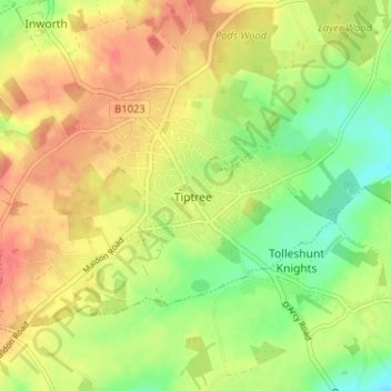 Tiptree topographic map, elevation, terrain