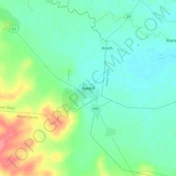 Aweil topographic map, elevation, terrain