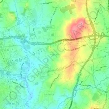 Nogueira topographic map, elevation, terrain