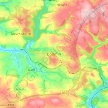 Bodmin topographic map, elevation, terrain