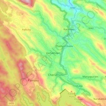 Vazhathope topographic map, elevation, terrain