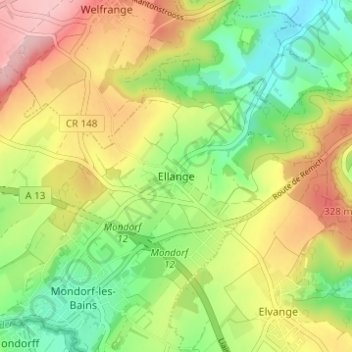 Ellange topographic map, elevation, terrain