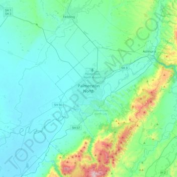 Palmerston North topographic map, elevation, terrain