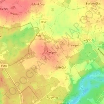 Sietynai topographic map, elevation, terrain