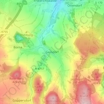 Gersdorf topographic map, elevation, terrain