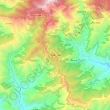 Chakrata topographic map, elevation, terrain