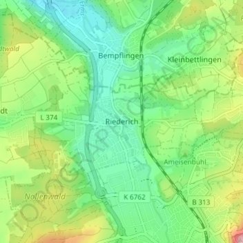 Riederich topographic map, elevation, terrain