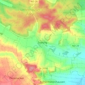 Sinning topographic map, elevation, terrain