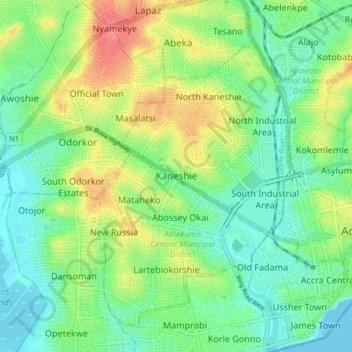 Kaneshie topographic map, elevation, terrain