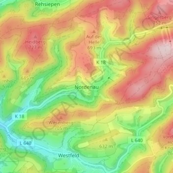 Nordenau topographic map, elevation, terrain