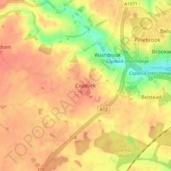 Copdock topographic map, elevation, terrain