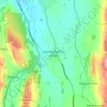 Llanfair Dyffryn Clwyd topographic map, elevation, terrain