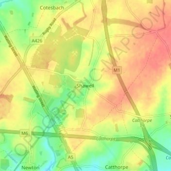 Shawell topographic map, elevation, terrain