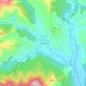 Puyarruego topographic map, elevation, terrain