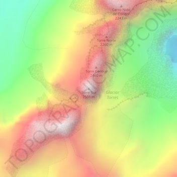 Torres del Paine topographic map, elevation, terrain