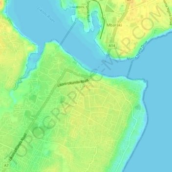 Likoni topographic map, elevation, terrain
