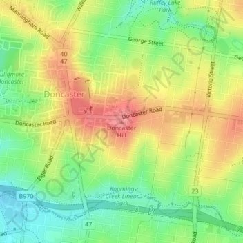 Doncaster Hill topographic map, elevation, terrain