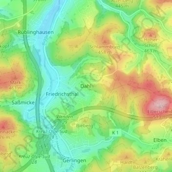 Dahl topographic map, elevation, terrain