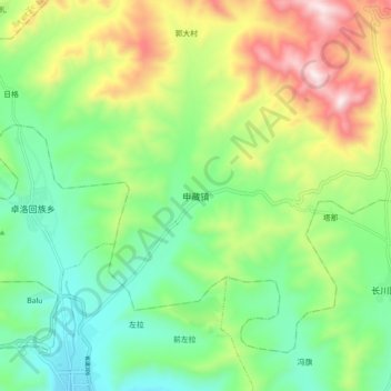申藏镇 topographic map, elevation, terrain