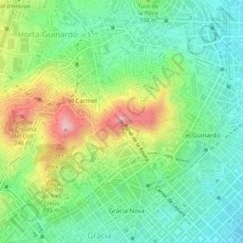 Turó de la Rovira topographic map, elevation, terrain