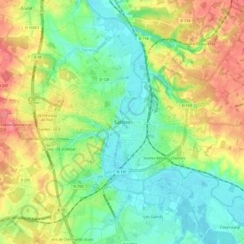 Saintes topographic map, elevation, terrain