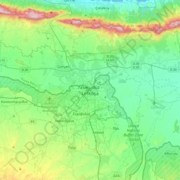 Nicosia topographic map, elevation, terrain