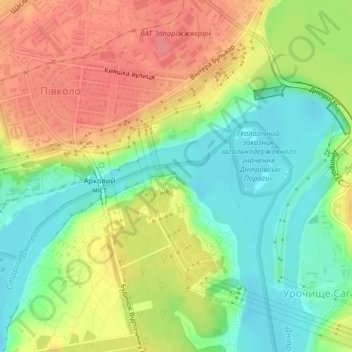 View on Dnipro Hydroelectric Power Plant topographic map, elevation, terrain