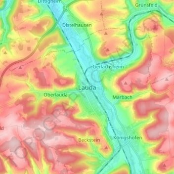 Lauda topographic map, elevation, terrain