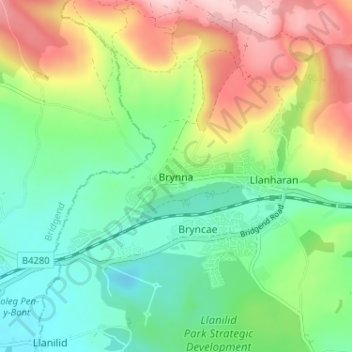 Brynna topographic map, elevation, terrain